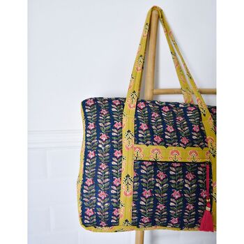 Block Printed Navy Blue, Mustard And Pink Lily Quilted Bag, 3 of 7