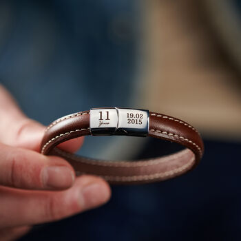 Personalised Men's Eleven Year Anniversary Stainless Steel And Leather Bracelet, 2 of 7