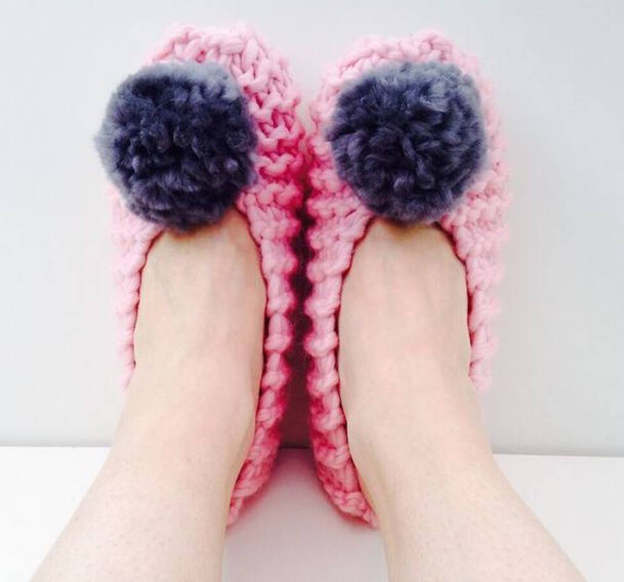 diy knit kit pom pom slippers learn knitting by wool couture