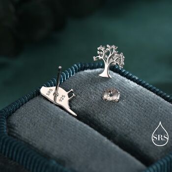 Mismatched Robin Bird And Tree Stud Earrings In Sterling Silver, 7 of 12