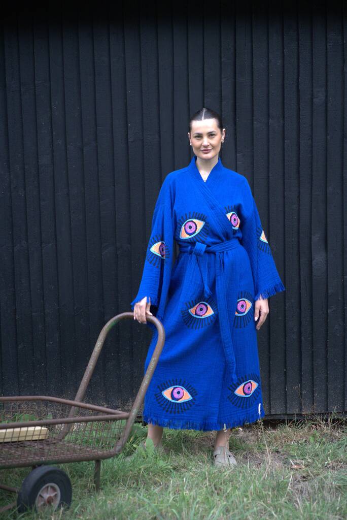 Long Organic Cotton Robe: Emerald Blue Eye, 1 of 6