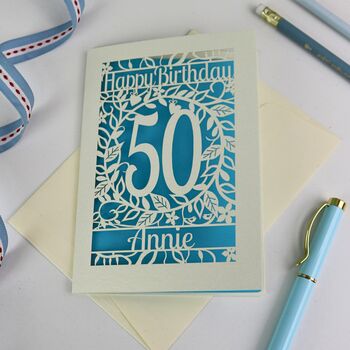 Personalised 50th Birthday Card Papercut Flower Design, 5 of 7