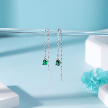 Emerald Green Droplet Cz Threader Earrings, 2 of 11