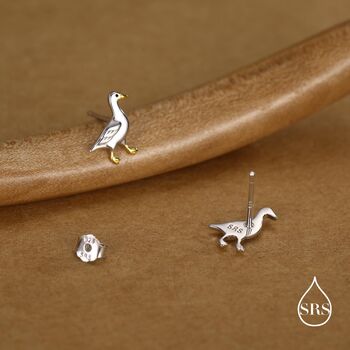 Sterling Silver Goose Stud Earrings With Gold Details, 5 of 11