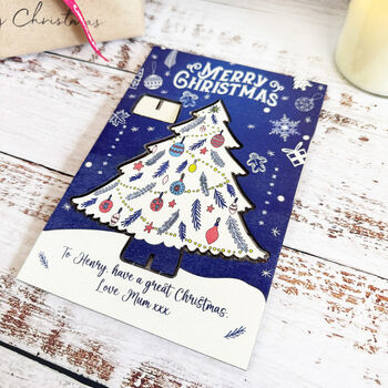 Personalised Blue Christmas Tree Keepsake Card And Decoration, 5 of 5