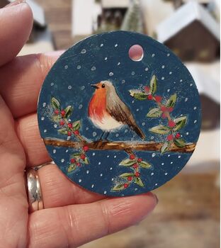 Hand Painted Christmas Robin Tree Decoration, 2 of 2