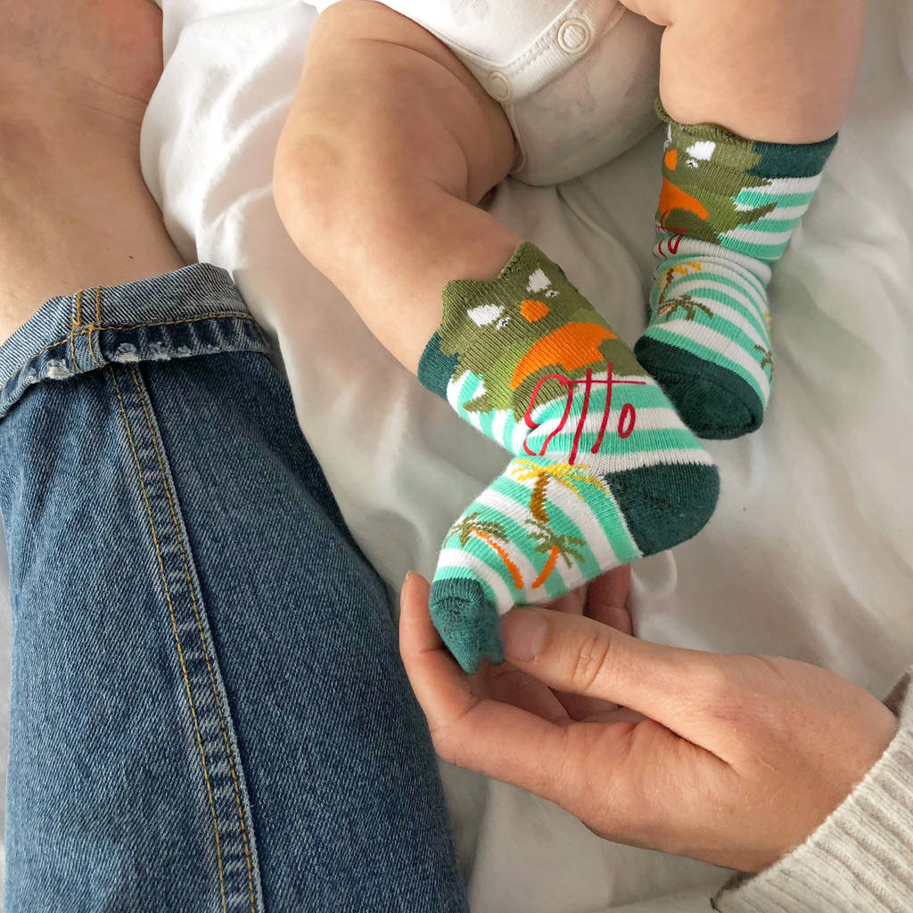Personalised Dinosaur Baby Gift Socks, 1 of 2