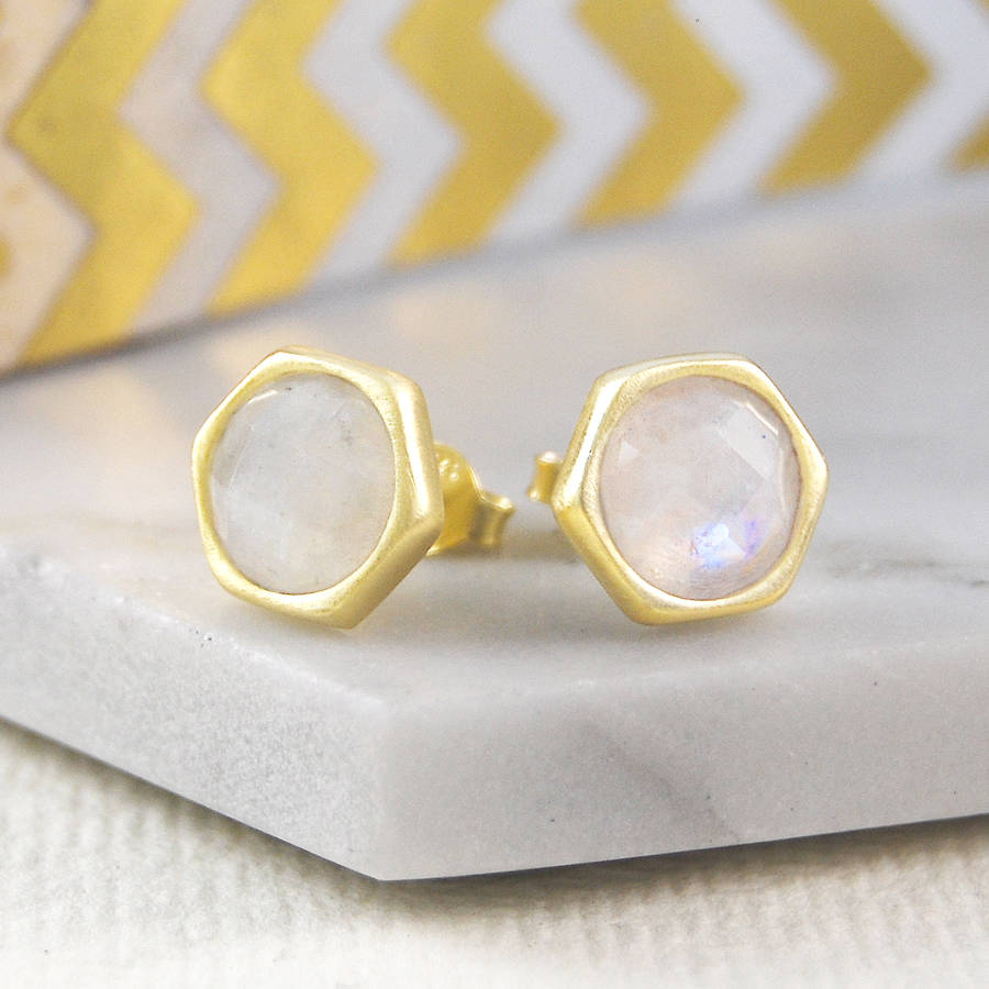 Moonstone Rose/Gold Plated Silver Stud Earrings By Embers