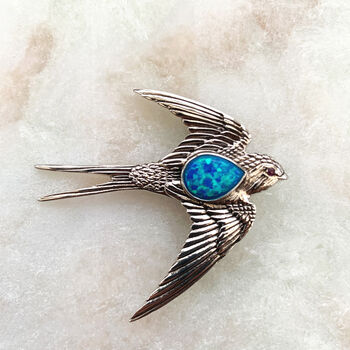 Sterling Silver Opal Swallow Brooch, 2 of 8