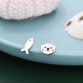Mismatched Otter And Fish Stud Earrings In Sterling Silver, 3 of 11