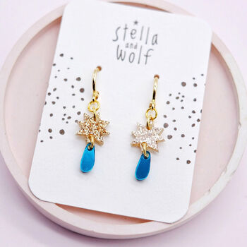 Sparkly Gold Glitter Star And Teal Drop Party Earrings, 4 of 5