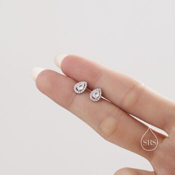Tiny Droplet Cz Halo Stud Earrings In Sterling Silver, 2 of 12