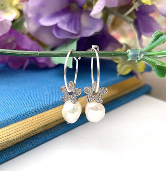 Sterling Silver Flower And Pearl Drop Hoop Earrings, 5 of 10