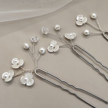 White Floral Bridal Hair Pins Set Of Three, 7 of 12