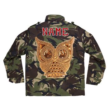 Gold Sparkly Owl Personalised Kids Camo Jacket, 7 of 8
