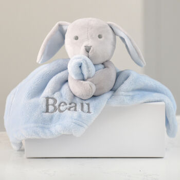 Personalised Blue Bunny Rabbit Baby Comforter, 2 of 12