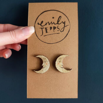 Crescent Moon Stud Earrings, Ochre And Gold, 2 of 3