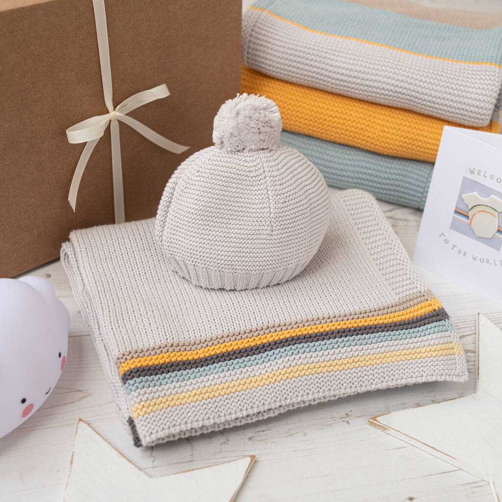 unisex retro stripe baby hat and blanket set by toffee moon