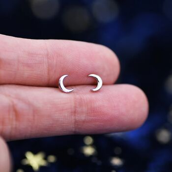 Tiny Crescent Moon Stud Earrings In Sterling Silver, 5 of 12