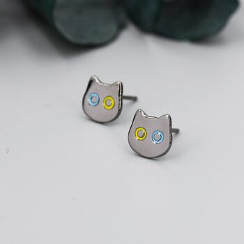 Black Odd Eyed Cat Stud Earrings In Sterling Silver, 9 of 12