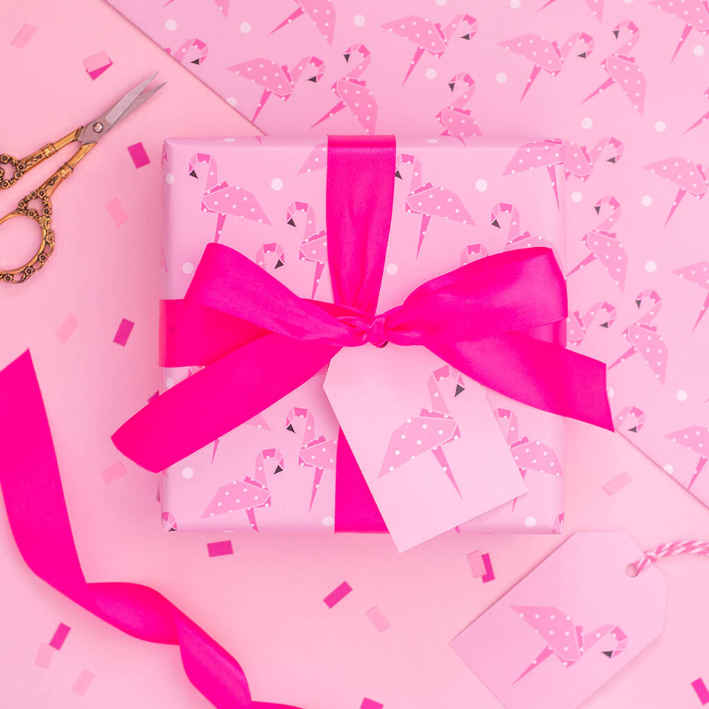 Origami Flamingo Wrapping Paper With Tags, 1 of 5