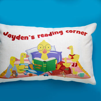 Reading Corner Duck Illustration Personalised Cushion, 4 of 7
