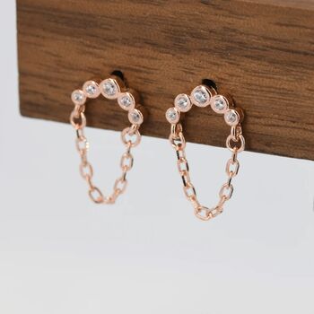 Cz Curved Bar Chained Stud Earrings In Sterling Silver, 5 of 12