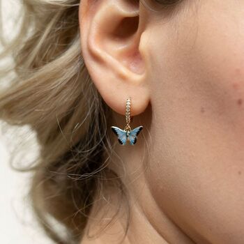 Enamel Blue Butterfly Huggie Earrings, 2 of 4