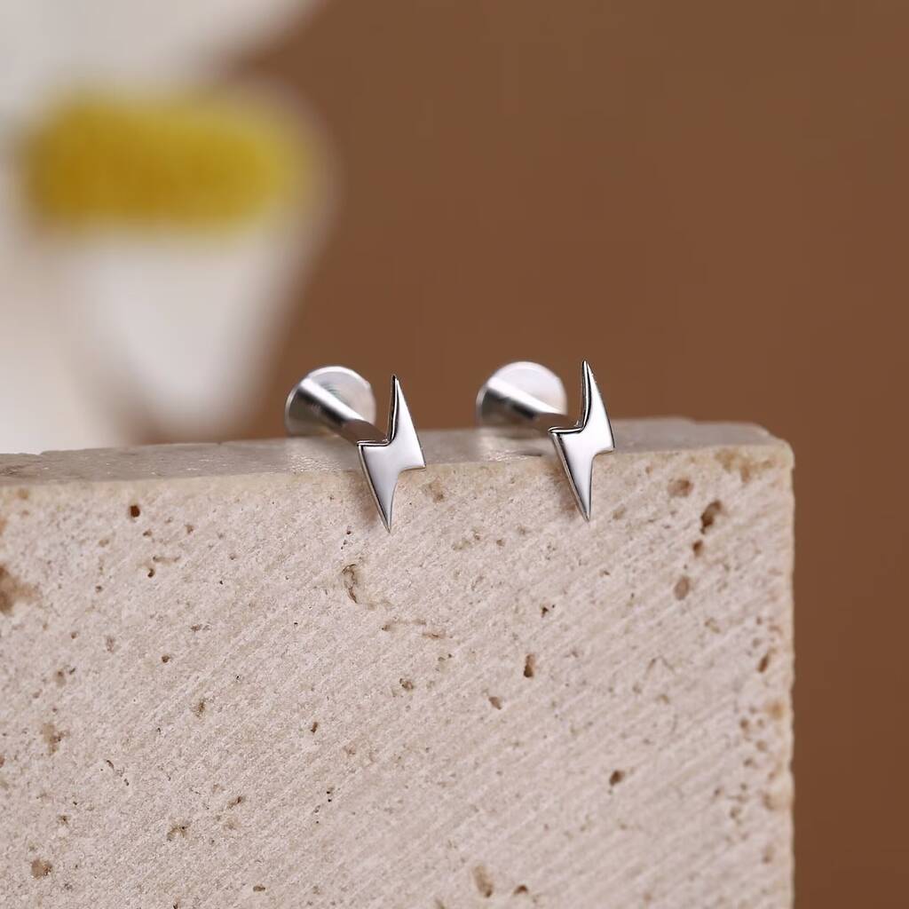 Tiny Lightning Bolt Internally Threaded Flat Back Earrings In Sterling Silver, 1 of 12
