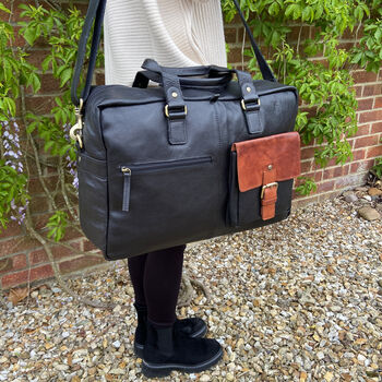 Black Premium Leather Travel Tote, Flight Bag, Gym Bag, 5 of 8