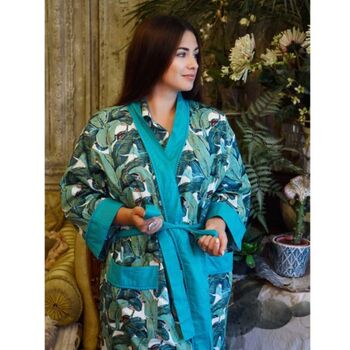 Ladies Green Leaf Print Cotton Dressing Gown, 2 of 5