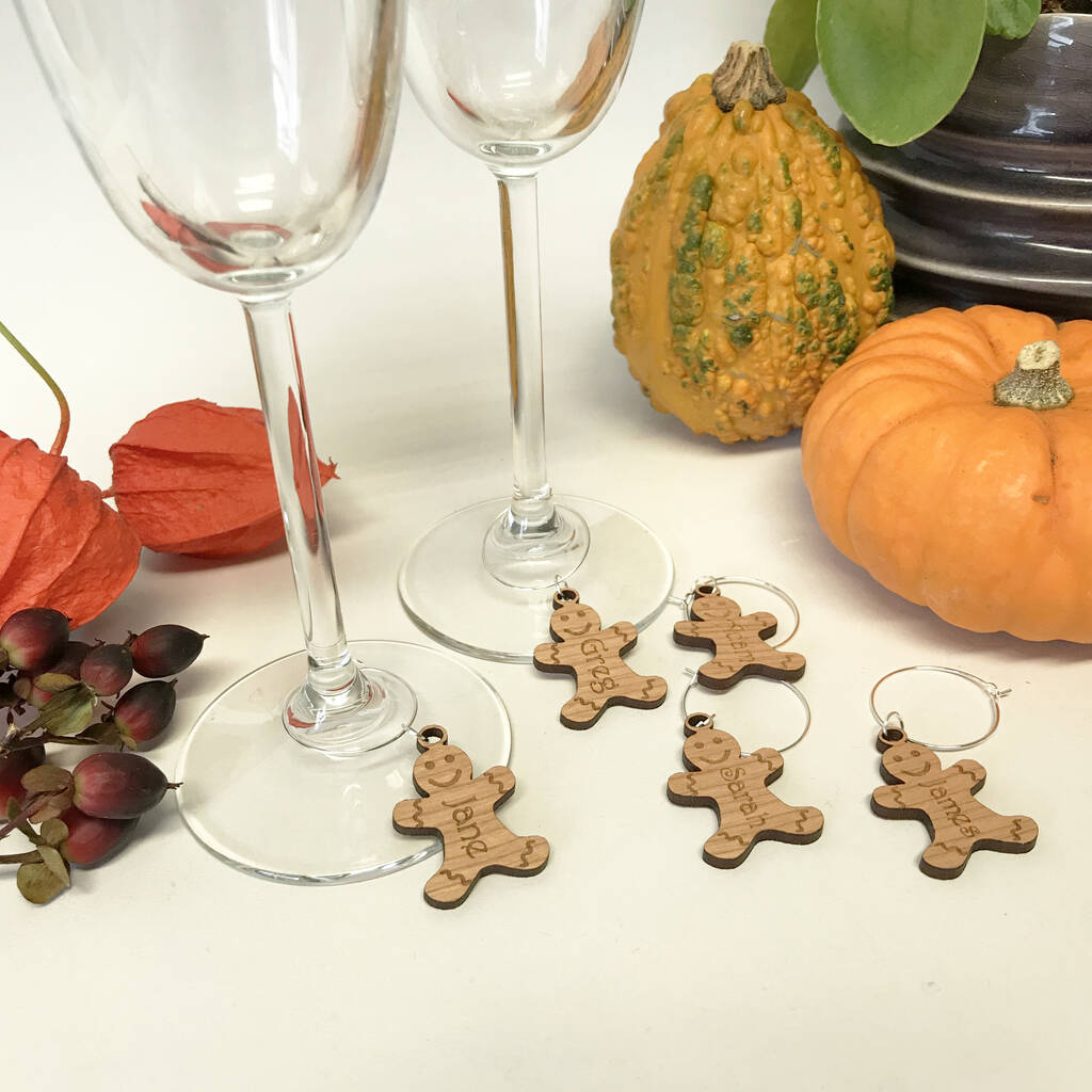 personalised five gingerbread wine glass charms by hickory dickory
