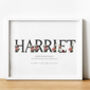 Personalised Children's Name Print | Nursery Wall Art | Black Floral, thumbnail 1 of 10