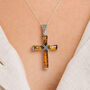 Mens Sterling Silver Baltic Amber Cross Necklace, thumbnail 1 of 12