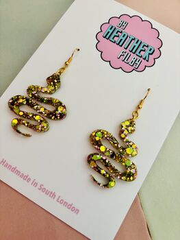 Snake Glitter Resin Earrings / Gothic Serpent Jewellery / Medusa Aesthetic Earrings / Snake Lovers Gift, 4 of 6