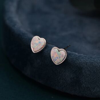 White Opal Heart Stud Earrings In Sterling Silver, 4 of 11