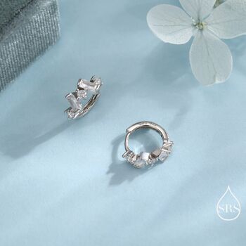 Baguette Cz Cluster Huggie Hoop In Sterling Silver, 2 of 12