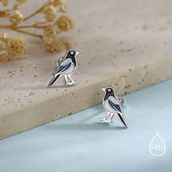 Sterling Silver Magpie Bird Stud Earrings With Enamel, 6 of 11