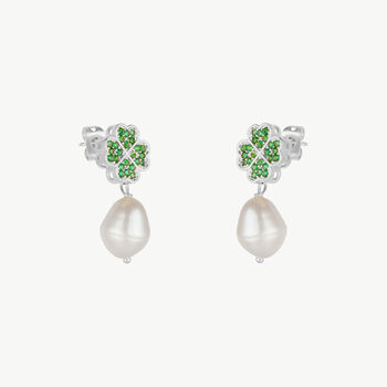 Four Leaves Clover Pearl Drop Earring Silver Green, 2 of 3