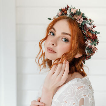 Scarlett Flower Crown Red Wine And Dusky Pink Preserved Wedding Halo, 3 of 5
