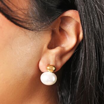 Stainless Steel Large Pearl Drop Earrings In Gold, 2 of 4