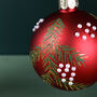 G Decor Hand Painted Glass Pine Branch And Pearl Berry Red Christmas Bauble Hanging Decoration, thumbnail 3 of 3