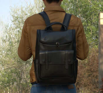 Top Zip Open Black Leather Backpack, 2 of 7