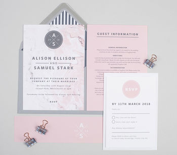 Pink And Grey Marble Wedding Invitations, 3 of 4