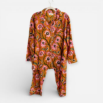 Mustard Yellow Block Print Floral 100% Cotton Ladies Pyjamas, 4 of 4