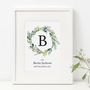 Personalised Neutral Foliage Initial New Baby Print, thumbnail 1 of 2