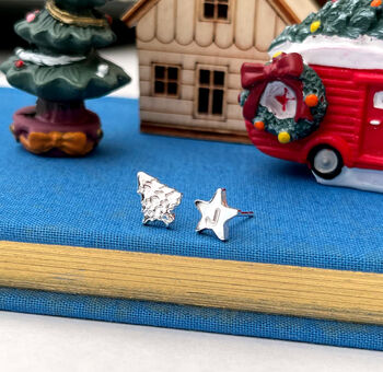 Personalised Sterling Silver Mismatched Christmas Tree Initial Star Earrings, 7 of 10