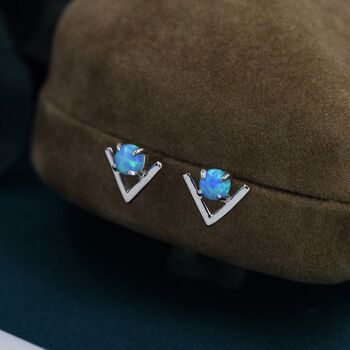 Sterling Silver Blue Opal Chevron Stud Earrings, 4 of 12