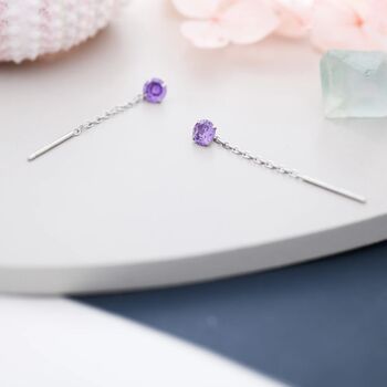 Sterling Silver Amethyst Purple Cz Threader Earrings, 5 of 10