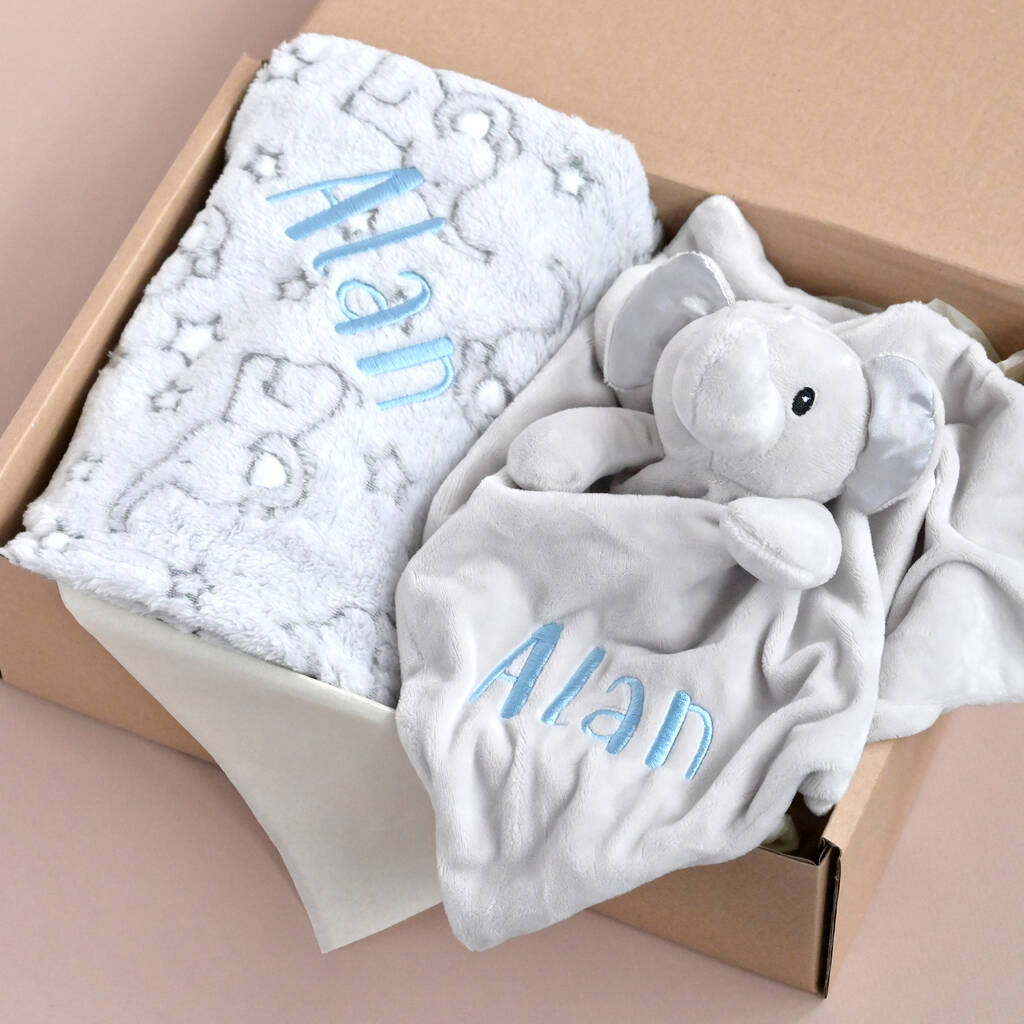 Personalised Grey Elephant Baby Gift Set